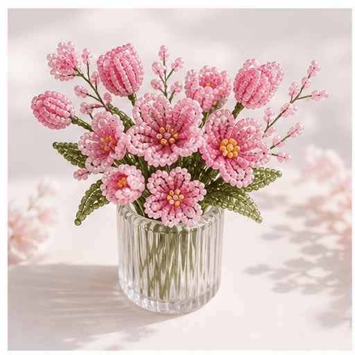 A pink handmade beaded bouquet, shaped one bloom at a time